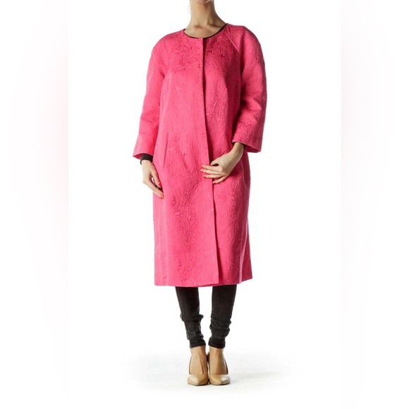 NWOT Navy Blue Jacquard Paisley Crop Sleeve Long Coat Midi - Picture 3 of 12